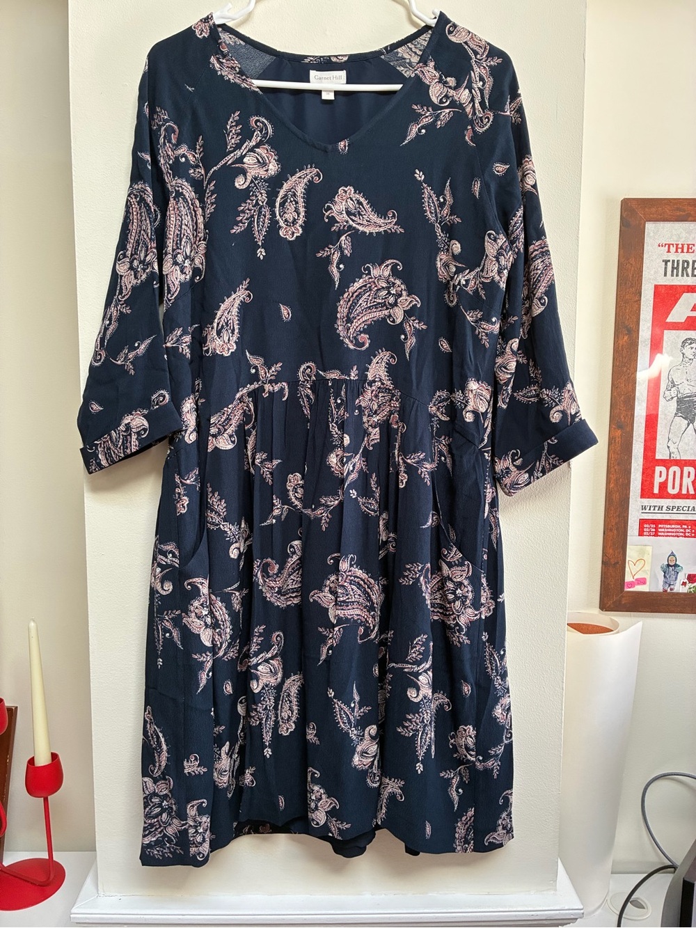 Garnet Hill Navy Paisley Print Midi Dress